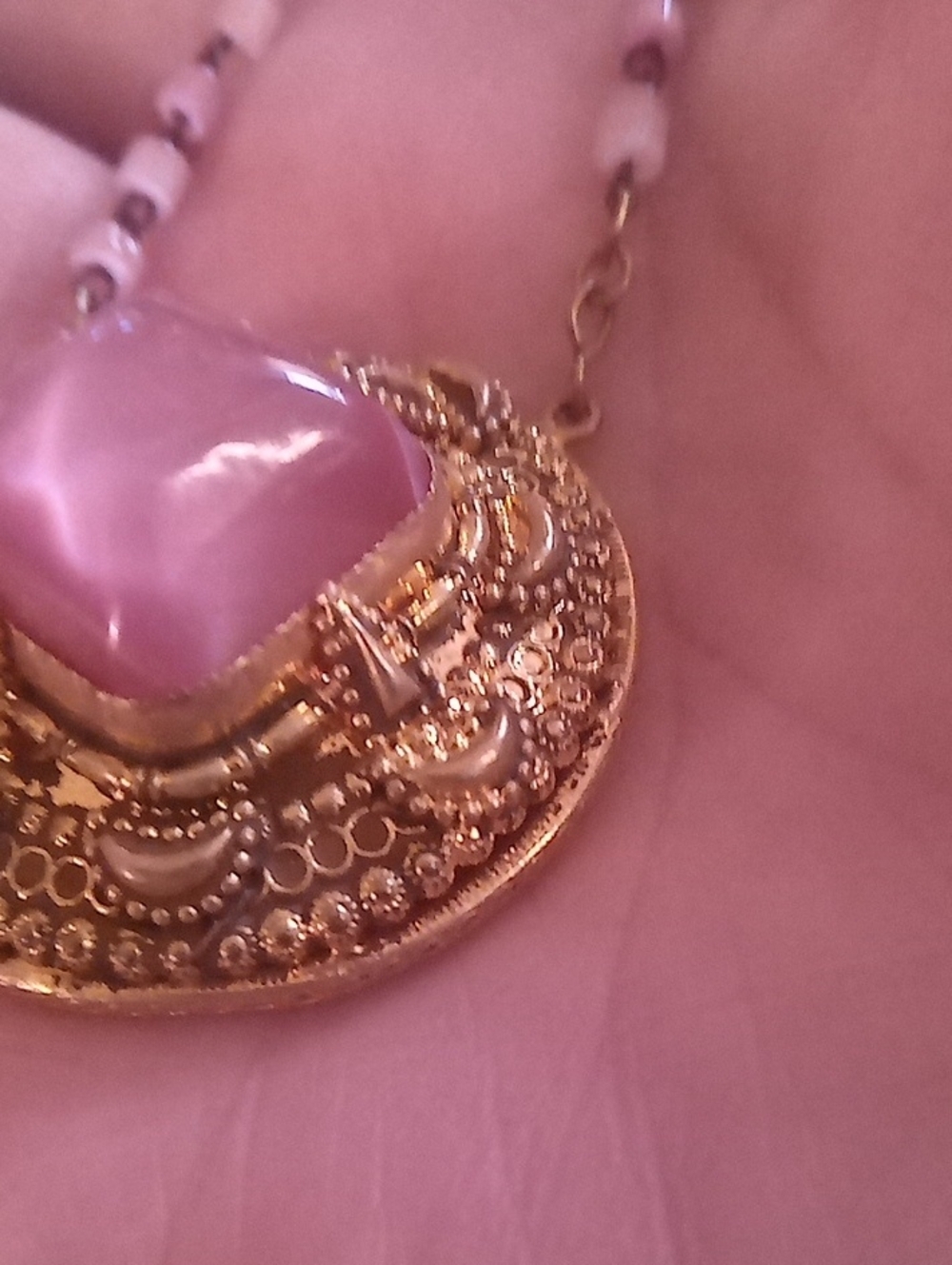 Vintage / Antique Real Gold Pink Cat's Eye  Necklace Signed Czechoslovakia